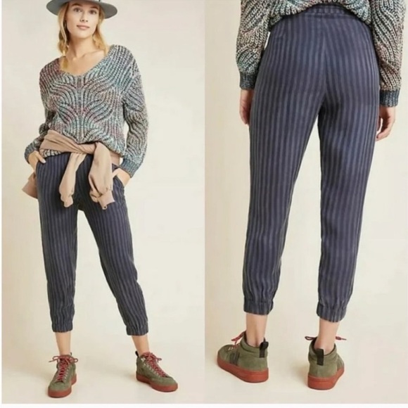 Anthropologie The Odells Navy Sonia Striped Tapered Pants jogger‎ high rise NWT - Picture 1 of 9